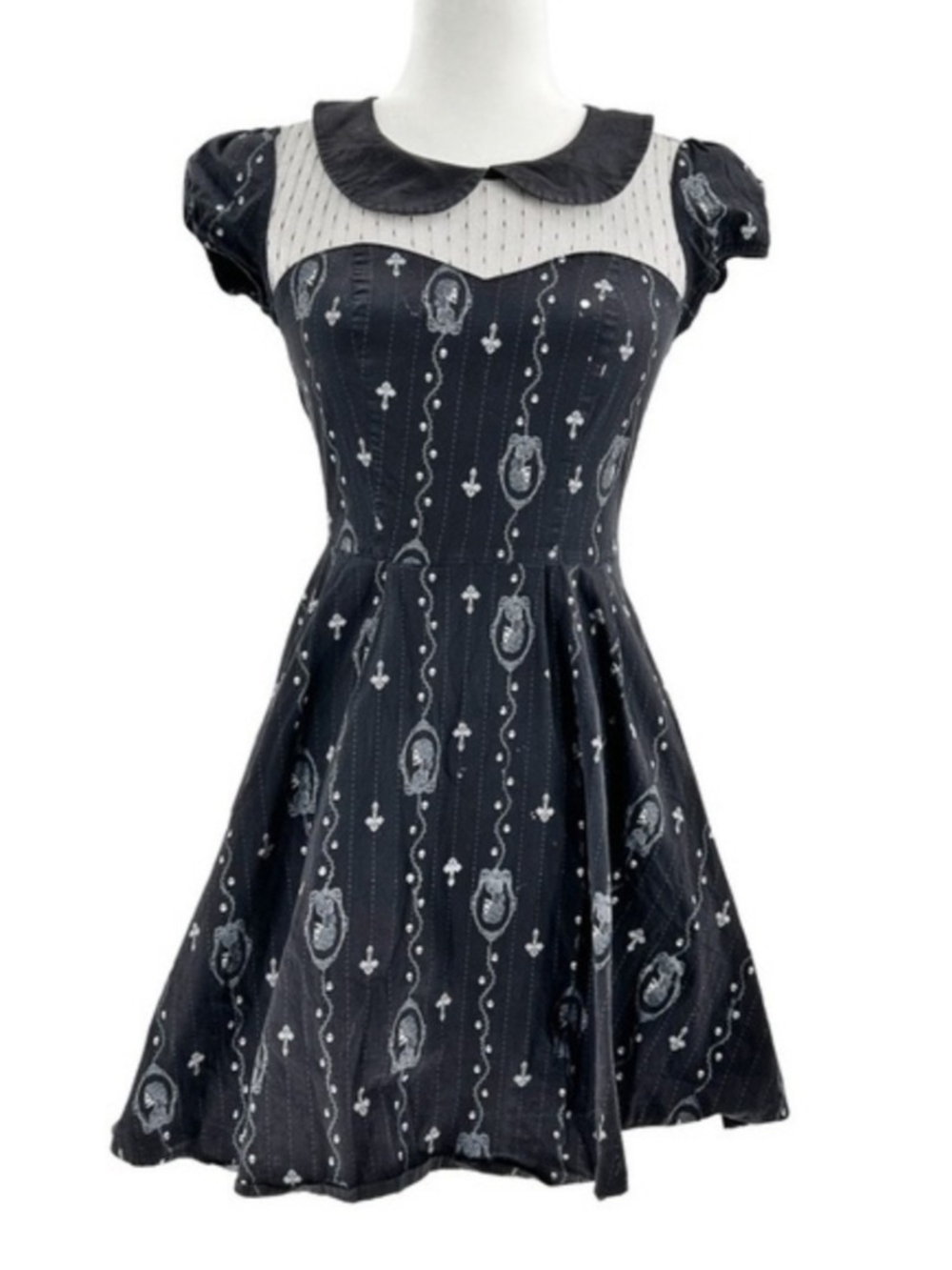 Hell Bunny Womens Black White Gemma Skull Cameo Collar Goth Mini Dress Size XS - Picture 3 of 16